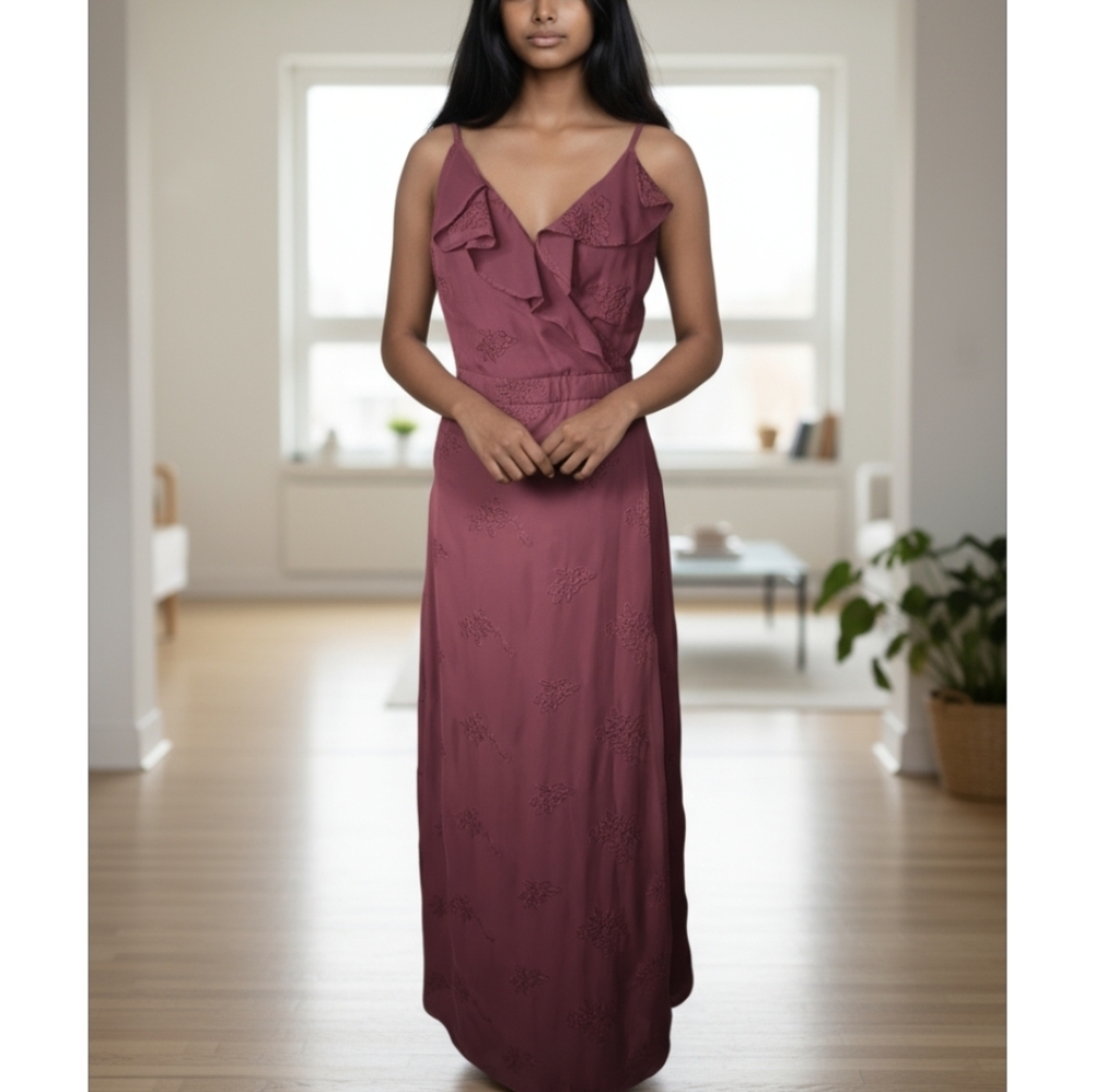 Lulu's Burgandy Ruffle Top and Full Length Front/Side Slit Formal Dress.